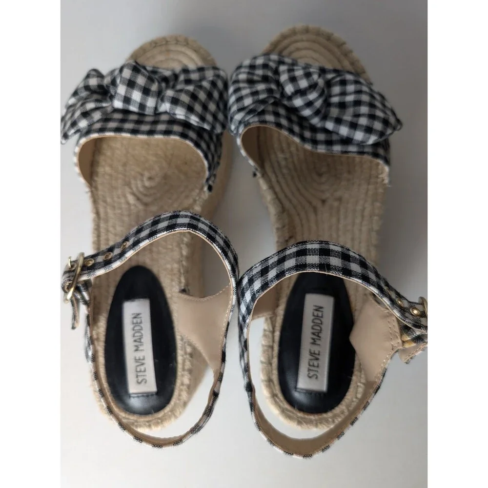 Steve Madden Union Espadrilles Shoes Gingham Bow Black White Size 8M Summer